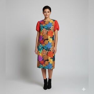Colorful Floral Midi Dress with Red Puff Sleeves